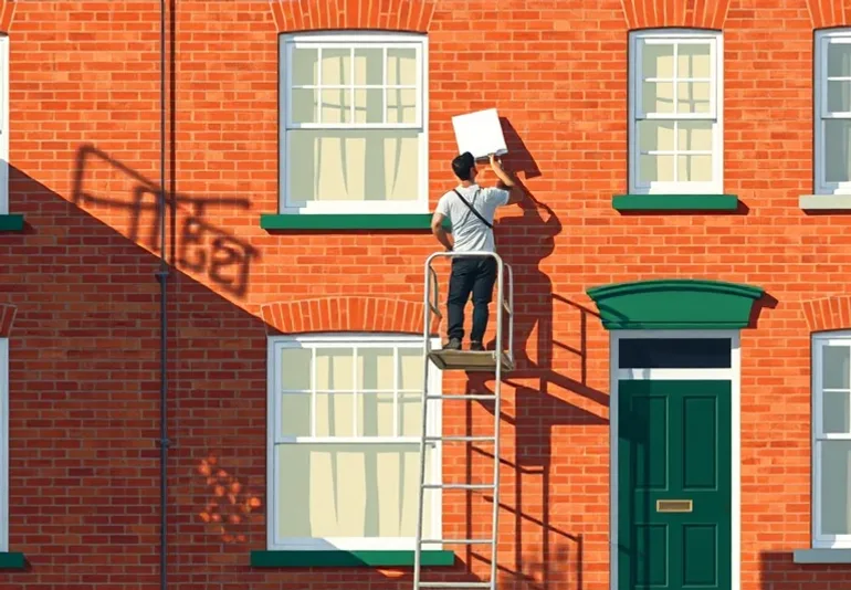 Peintre sur échafaudage traitant la façade d'une maison